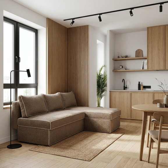 Coltar Extensibil Cu Lada New Modulo, Interschimbabil Stanga/Dreapta, Bej inchis Boucle, 220 X 80 X 155 Cm